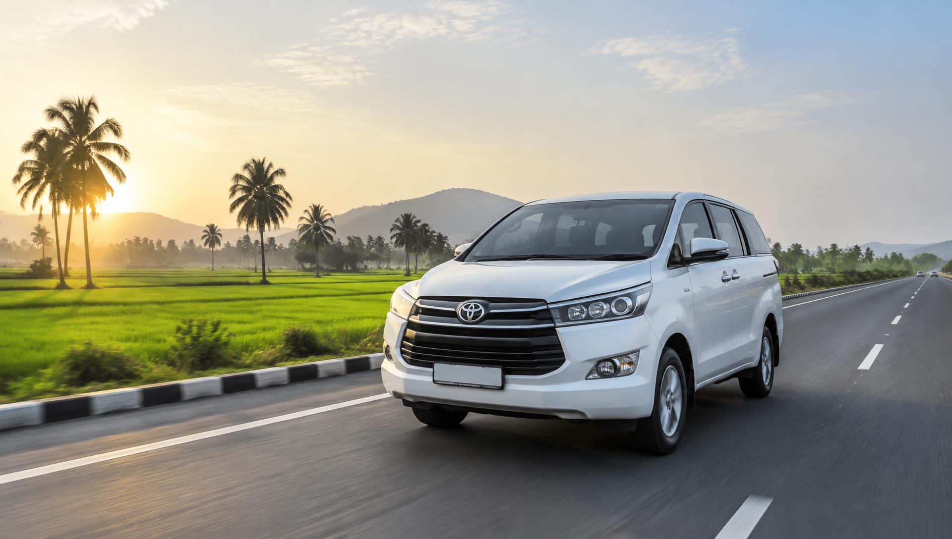 White Innova Crysta on an Andhra Pradesh highway at sunrise